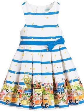 NWT Abel & Lula Girls White & Blue Stripe Dress w/ Flower Vehicle Print - Size 7